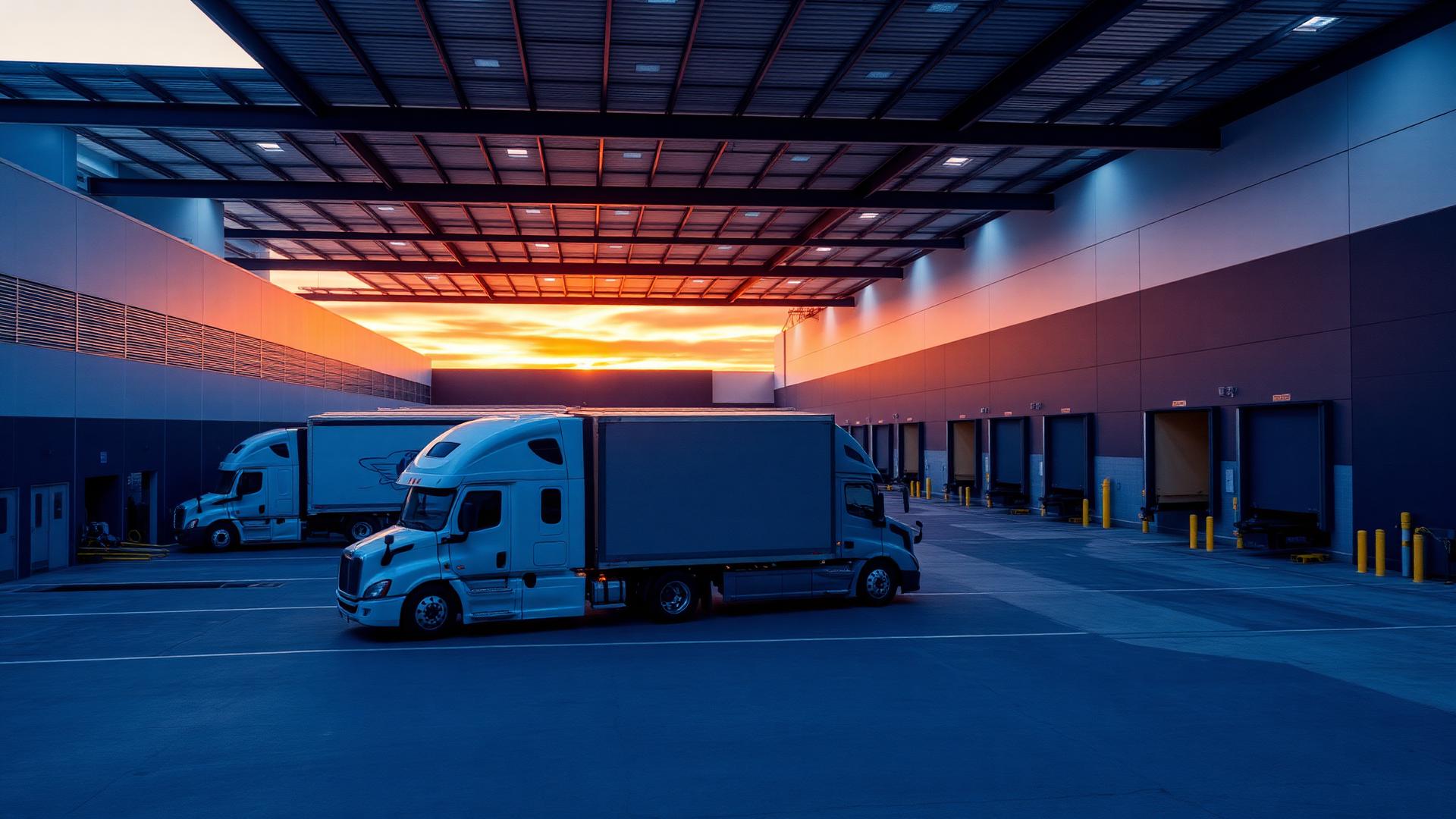Distribution facility with loading docks and freight vehicles at dawn