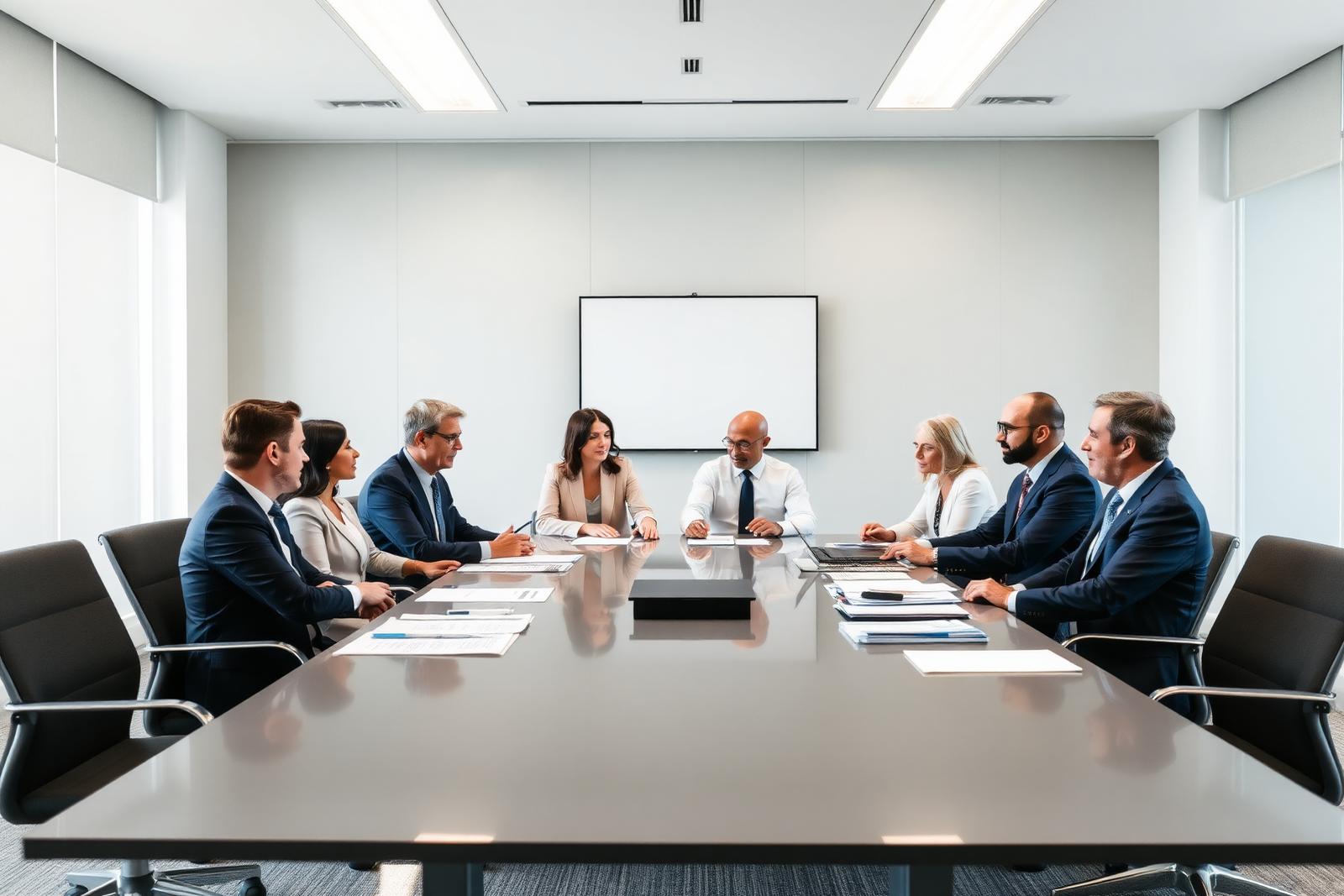 Procurement team reviewing contract documentation in a conference room